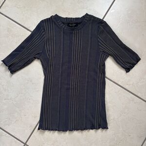 Jessica Simpson Navy Bodycon Lettuce Edge Shirt Elbow Sleeve Top Sz S Retail $44